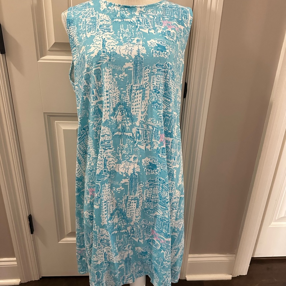 Lilly Pulitzer Kristen Dress Shorely Blue NYC Toile Sleeveless Cityscape Dress